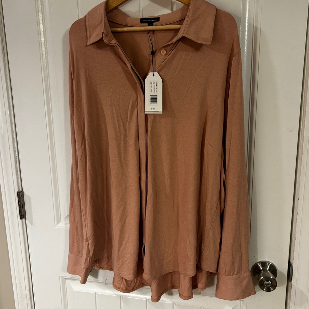 Universal Standard Button Down Shirt in Tan
